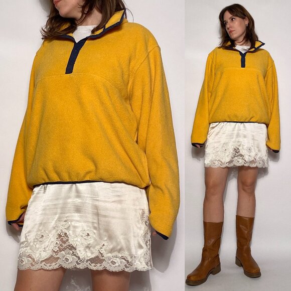 Vintage 1990s Gorpcore L.L.Bean Yellow & Navy Classic Fleece ANORAK Sweater! XL - Picture 1 of 10